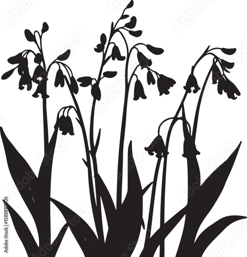 elegant vector silhouette of Virginia bluebells, executed in a black and white sculptural clay art style.  The modeled shapes and textured surfaces stand out against a white background.