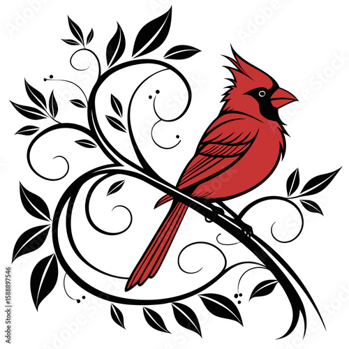 A red cardinal bird sits on a decorative branch