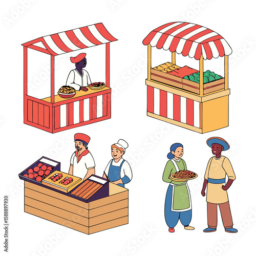 Vibrant Market Scene Featuring Diverse Vendors, Fresh Food, and Customers at Isometric Stalls