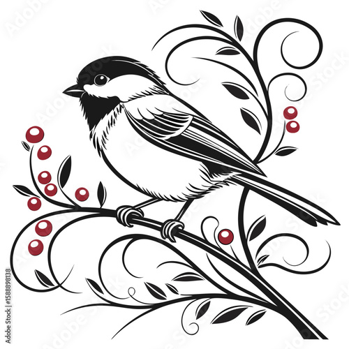 Stylized chickadee with berries on a branch