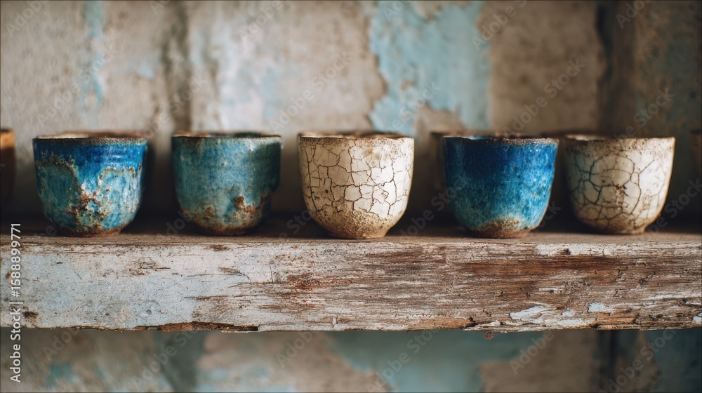 A group of cracked ceramic cups with water stains inside, placed on a weathered wooden shelf. A group of cracked ceramic cups with water stains inside, placed on a weathered wooden shelf.