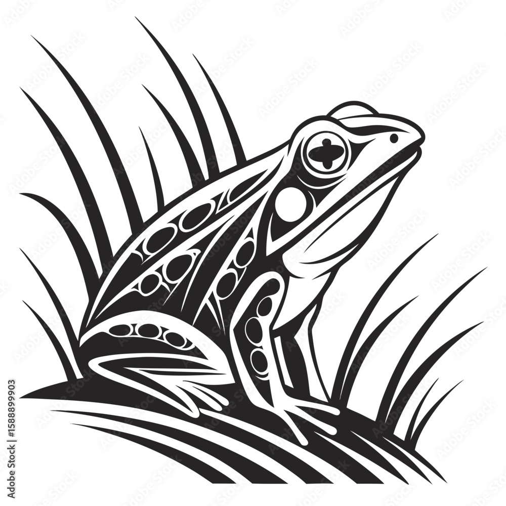 Obraz premium Stylized frog sitting in grass with tribal patterns