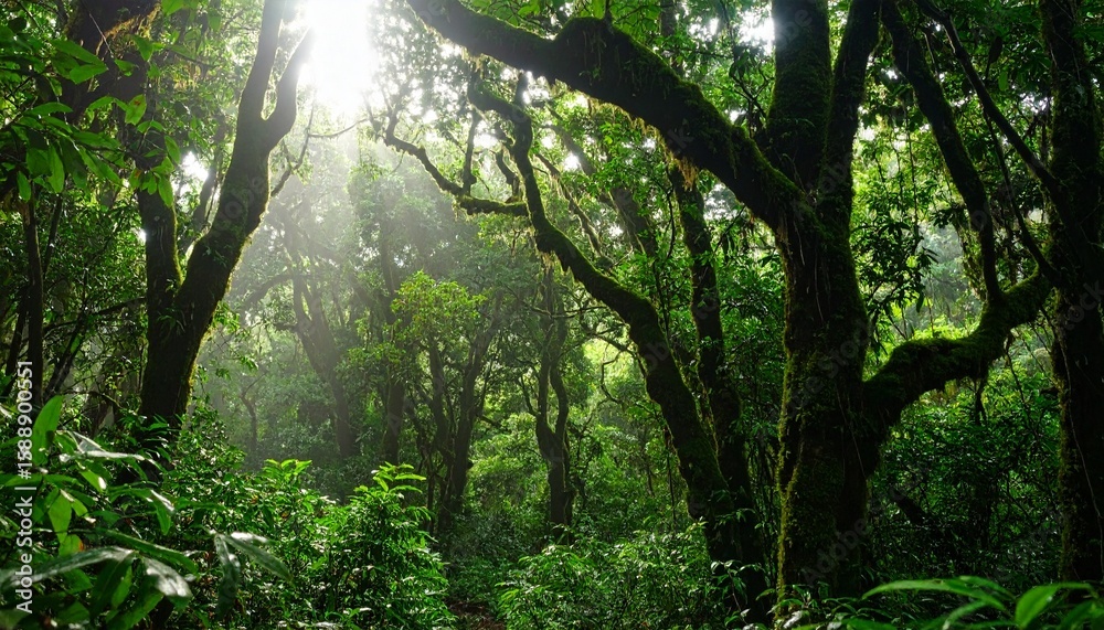 Fototapeta premium Lush rainforest canopy with dew-kissed leaves and soft sunlight filtering through, showcasing vivid green textures.
