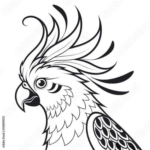 Outline drawing of a cockatoo bird head with a prominent crest