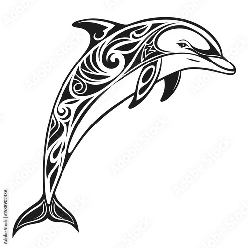 Tribal dolphin jumping, isolated on white background