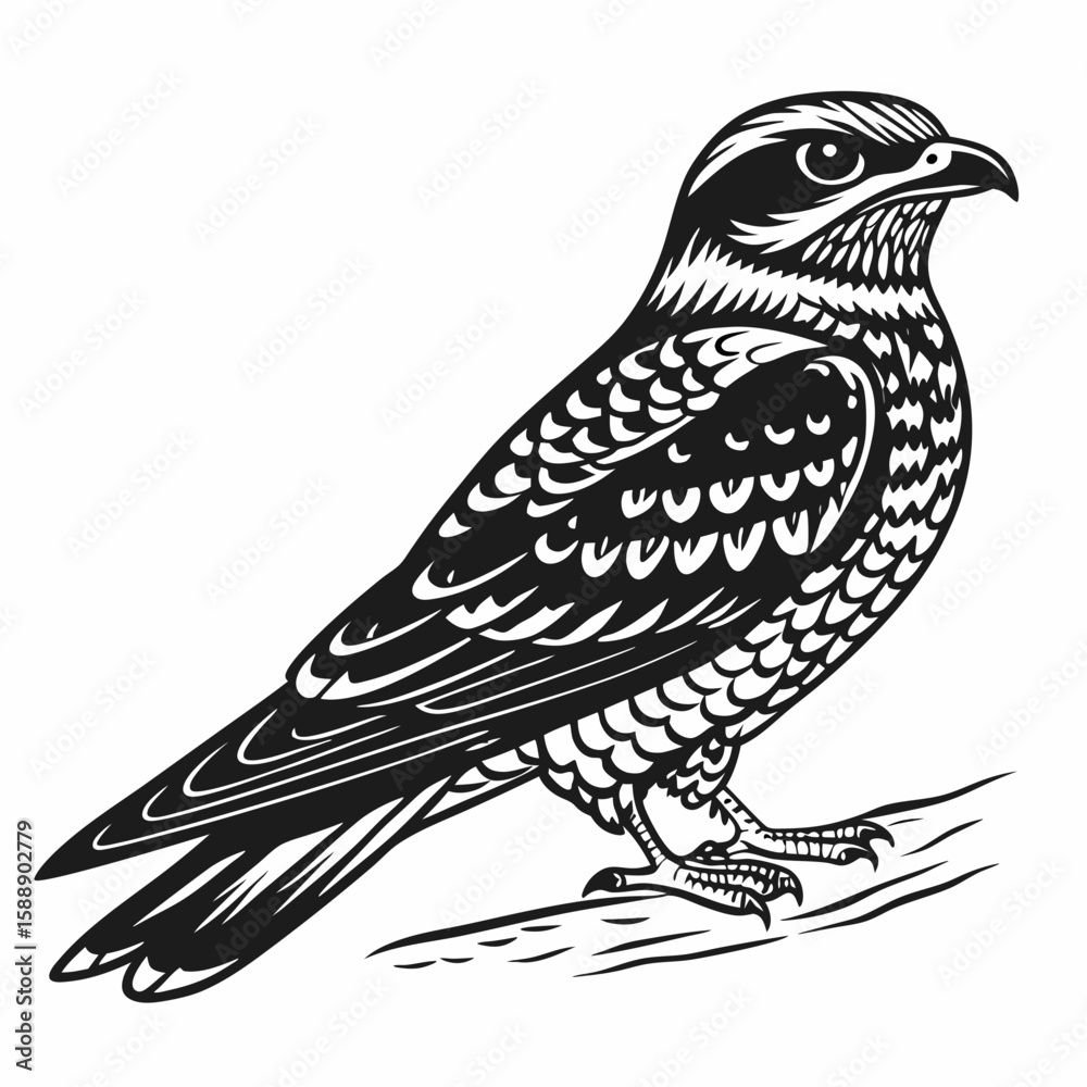 Obraz premium A falcon stands on a branch in this black and white graphic