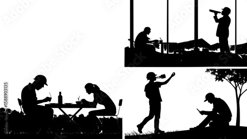 Silhouettes of workers during different times of day or breaks.
Includes workers sitting to eat lunch, stretching, drinking water, checking phones, talking, or watching a sunset from the site. Though 