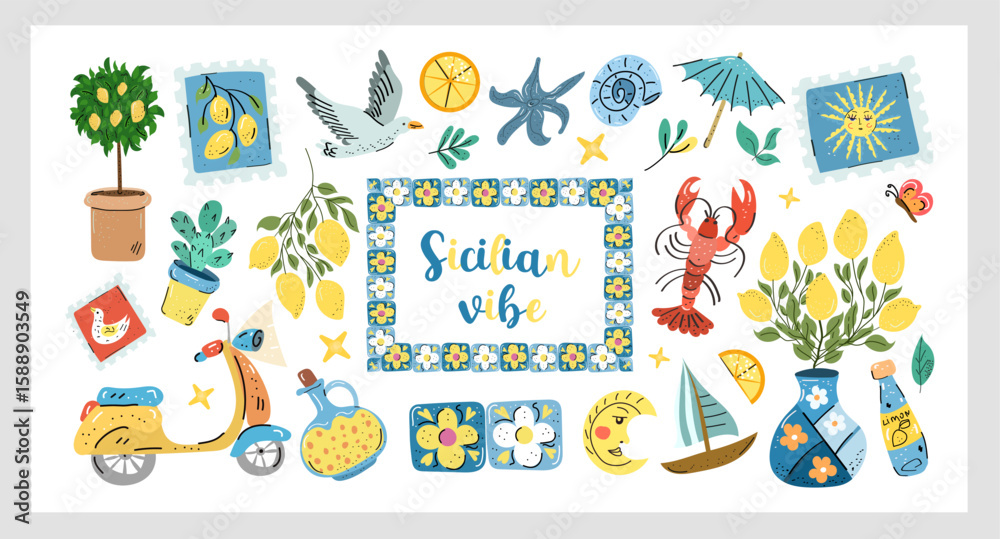 Naklejka premium Sicilian Vibe Set a vibrant hand-drawn vector collection with lemons, tiles, seafood, sun, scooter, and coastal summer elements inspired by Sicily, perfect for packaging and travel design.