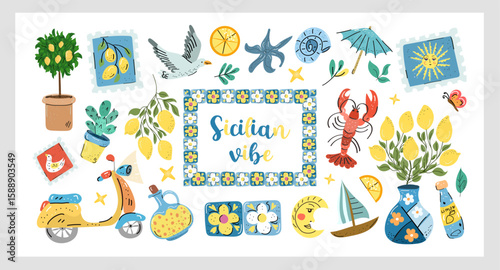 Sicilian Vibe Set a vibrant hand-drawn vector collection with lemons, tiles, seafood, sun, scooter, and coastal summer elements inspired by Sicily, perfect for packaging and travel design.