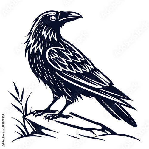 A crow perched on a branch with grass illustration