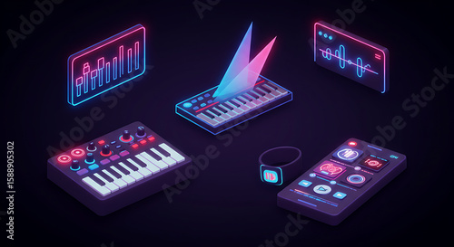Isometric illustration featuring music production tools: synthesizers, a smartphone, a smartwatch, and audio visualizations, all illuminated with neon lights on a dark background.
