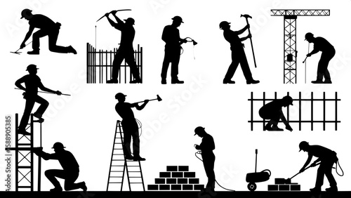 Grid of black silhouette figures showing various trades at a construction site.
Includes carpenters, electricians, plumbers, painters, steelworkers, and masons. Each figure is stylized to reflect thei