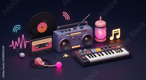 A vibrant, stylized rendering of retro music equipment including a boombox, cassette tape, vinyl record, synthesizer, headphones, and energy drink.