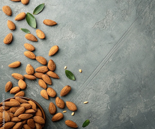 Raw Almonds Scattered on Gray Background with Green Leaves
