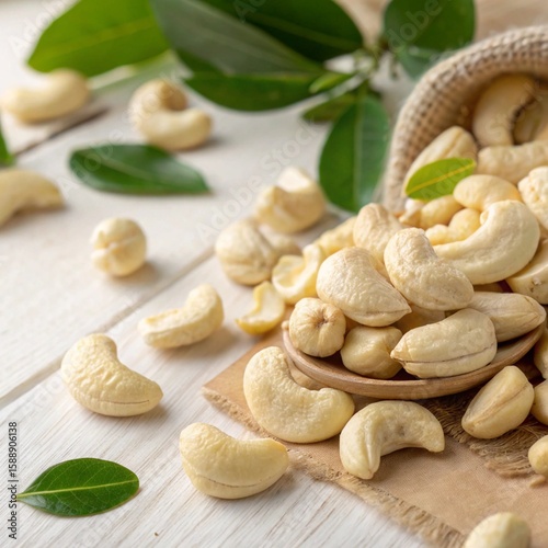 Raw Cashew Nuts in Rustic Style with Green Leaves - Healthy Snack Concept