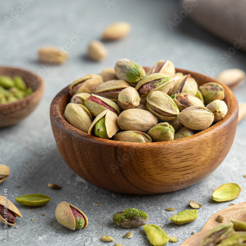 Pistachios (Pista) in Wooden Bowl on Stone Background – Healthy Snack Concept