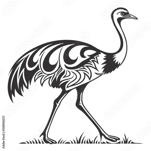 An emu with ornate feather patterns walks through the grass