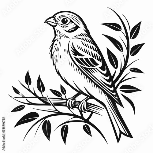 A detailed illustration of a bird perched on a branch