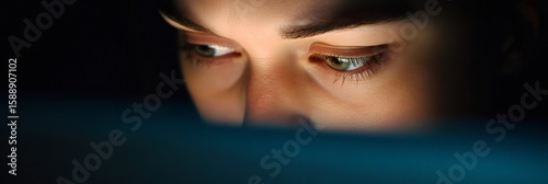 Close up of a young woman's face illuminated by the screen of a laptop, working late at night in the dark, suggesting stress, deadline pressure, and time management challenges