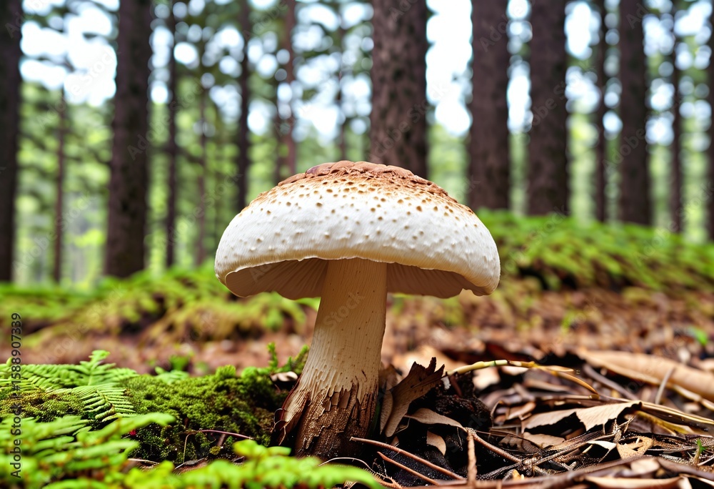 Fototapeta premium Portrait of a Matsutake mushroom growing in the forest with copy space
