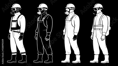 Silhouette illustrations of workers in various personal protective equipment (PPE).
Workers are shown wearing hard hats, goggles, gloves, ear protection, steel-toe boots, harnesses, and respirators. E