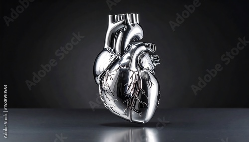 3D rendered chrome human heart on dark background