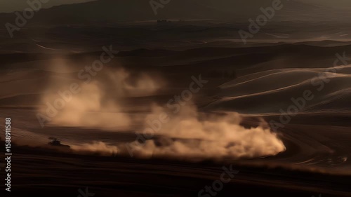 Agricultural Vehicle Driving Through Dusty Fields at Sunset Creating a Dramatic Scene