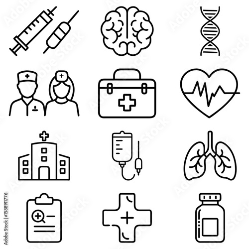 Collection of medical icons including syringe brain dna doctor nurse first aid heart hospital and more icons