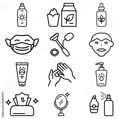Collection of skincare and personal care items including mask and lotion bottles in black outline