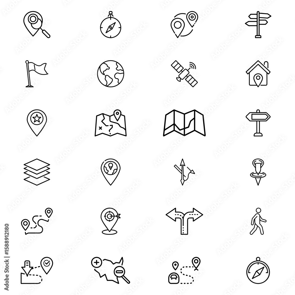 Fototapeta premium Illustration showing a set of different map location and navigation icons in a line art style format