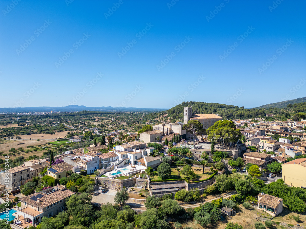 Fototapeta premium Aerial view of the mediterranean mountain village Selva on Majorca Spain, Balearic Islands