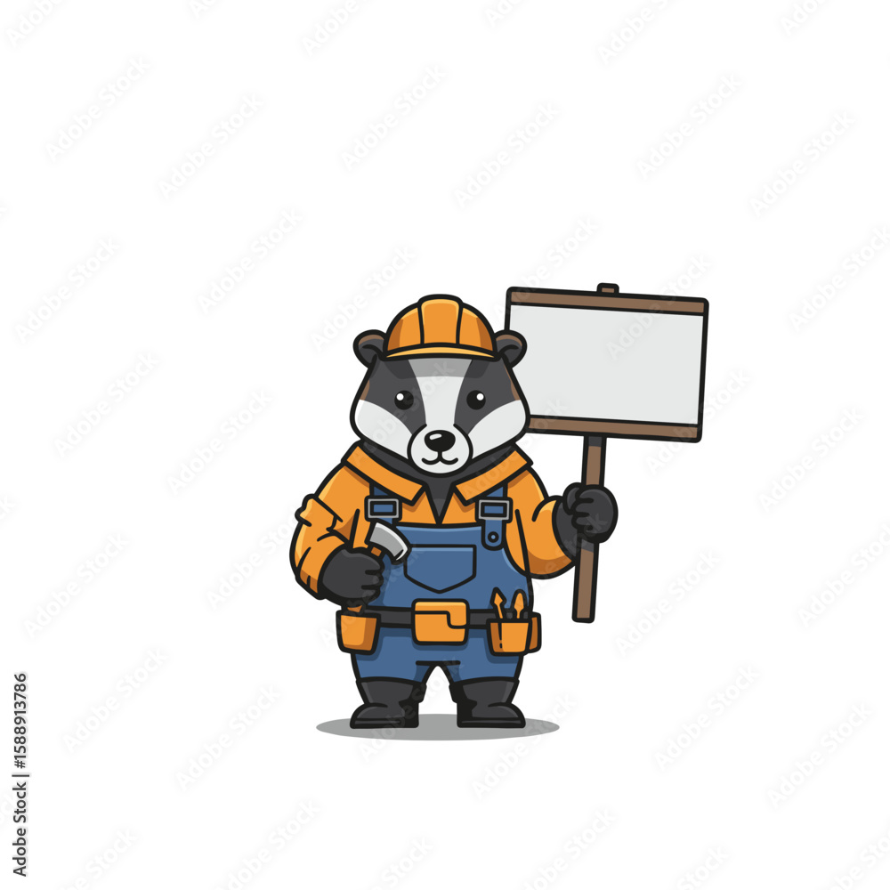 Cartoon badger construction worker holding sign in blue overalls Cartoon badger construction worker holding sign in blue overalls
