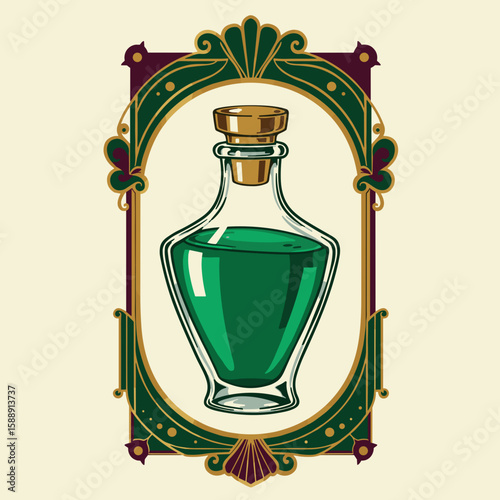 Vintage glass bottle with green liquid with gold cap in decorative frame