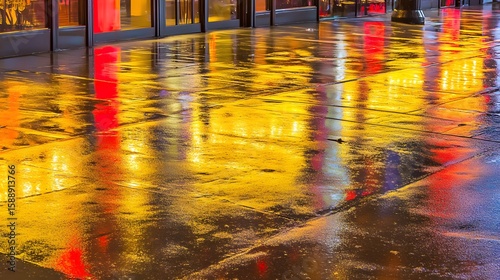 Vibrant City Night Reflections Wet Pavement