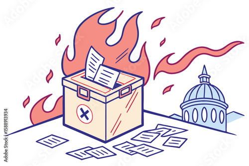 Ballot box on fire with scattered papers and capitol building in the background illustration