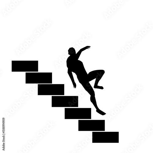 Man slipping or falling down stairs in silhouette, indicating accident or failure.