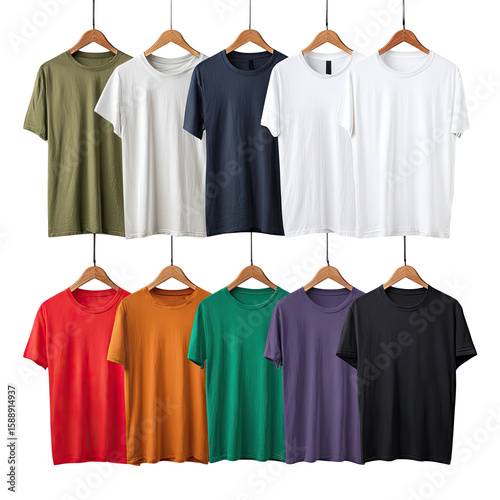 Multiple plain t-shirts in various colors on hangers