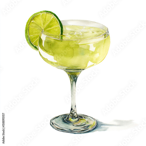 Margarita cocktail with lime coupe glass watercolor illustration white background refreshing summer drink classic cocktail party beverage hand painted bar menu decor
