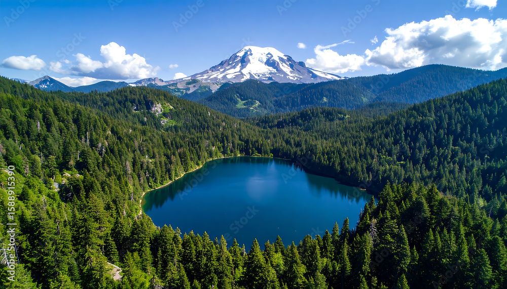 Obraz premium A serene and symmetrical landscape captured from above, featuring a big mountain