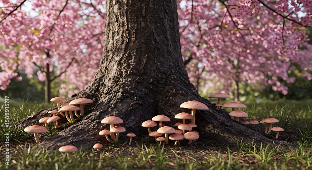Obraz premium Mushrooms cluster at the base of a tree pink blossoms blur in the background