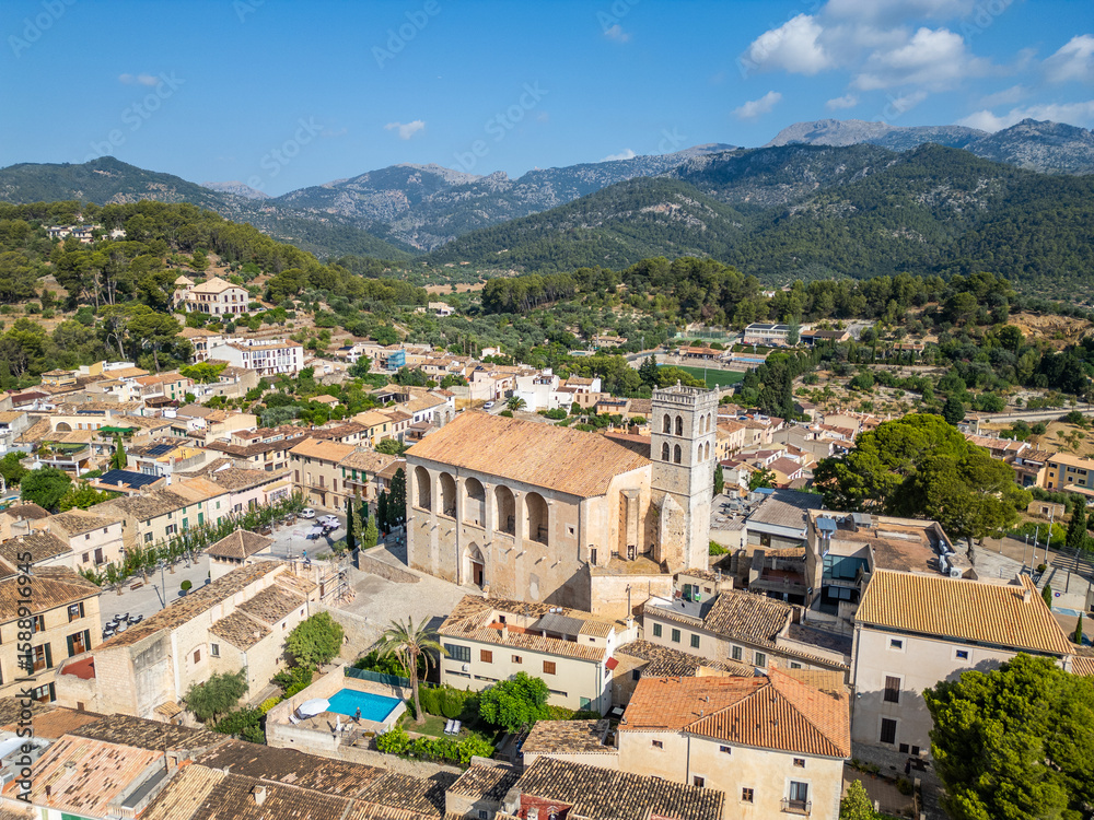 Fototapeta premium Sant Llorenc church, Selva village, Mallorca aerial view
