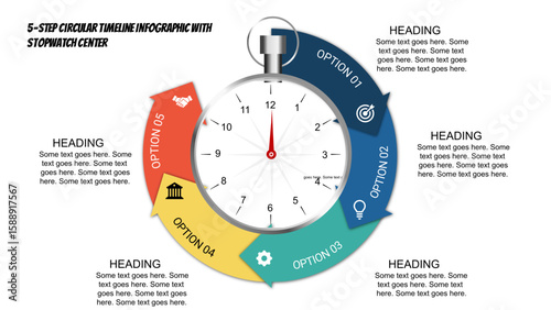 Stopwatch Infographic PowerPoint Template – 5 Segment Circular Timeline for Planning, Strategy, and Business Workflow Presentation.