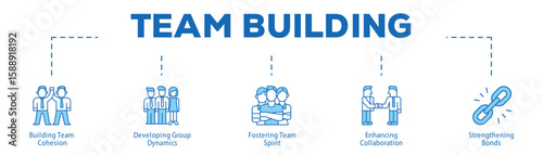 Team Building infographic icon bluetone flow process which consists of Building Team Cohesion, Developing Group Dynamics, Fostering Team Spirit, Enhancing Collaboration, Strengthening Bonds.