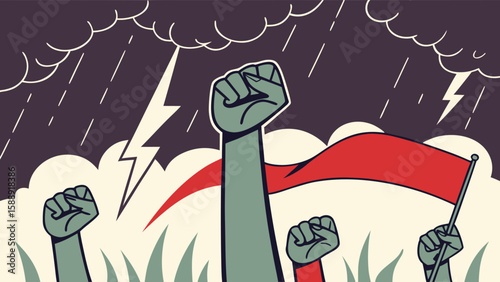 Illustration of raised fists holding a red flag during a storm with lightning and rain falling