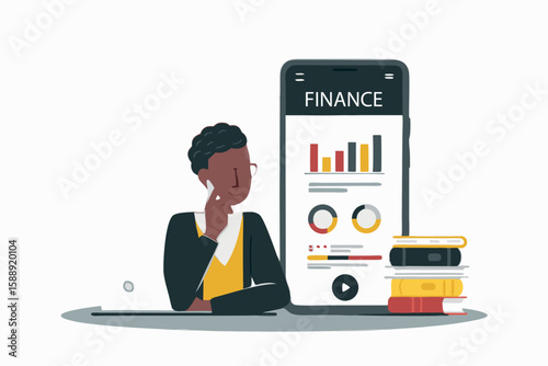 Financial Analysis Insights Young Professional Evaluating Charts and Growth Opportunities on a Mobile Finance App for