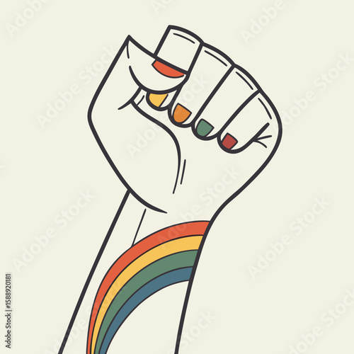 Raised fist with rainbow nails and rainbow tattoo symbolizing pride and solidarity movement illustration