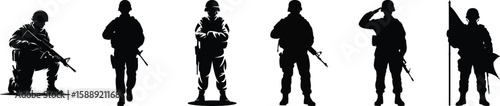 Silhouette vector illustration of soldiers in various poses, holding rifle, saluting, and standing with flag.