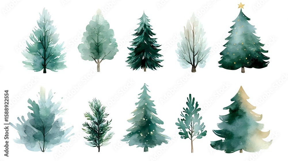 Fototapeta premium Watercolor winter trees collection in green and teal shades with delicate brush strokes on white background, seamless pattern ready for seasonal designs and holiday projects.