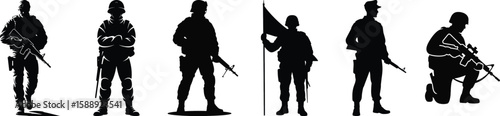 Silhouette vector set of soldiers walking, standing, holding flag, and kneeling with rifle in military uniform.