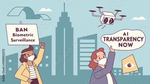 People protesting biometric surveillance and ai transparency in city with flying drone 100 char